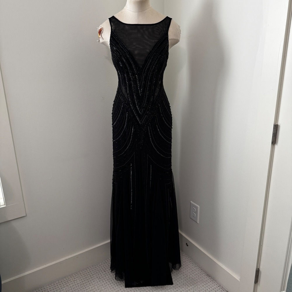Adrianna Papell 6 Black Beaded Mesh Mermaid Gown Formal Maxi Dress Prom Evening - Picture 2 of 9